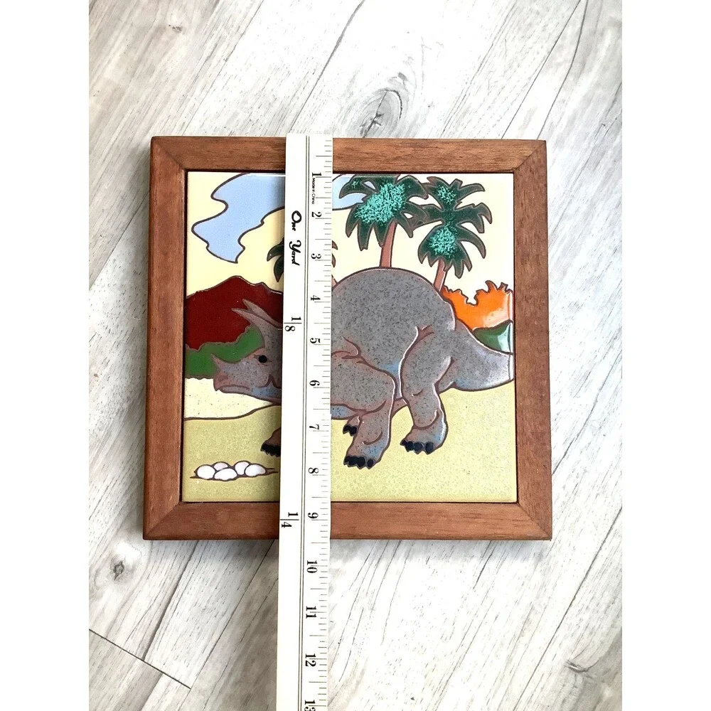 MCM Art Tile Pottery Triceratops Framed Trivet Nursery Decor Kid Room Dinosaurs